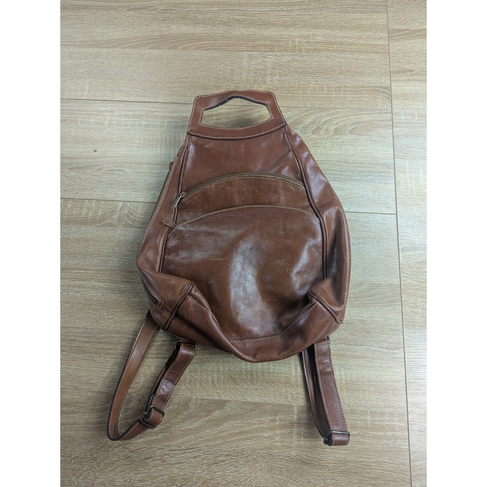 Vintage Nordstrom Made In Italy Cognac Brown Leather Teardrop Backpack Purse
